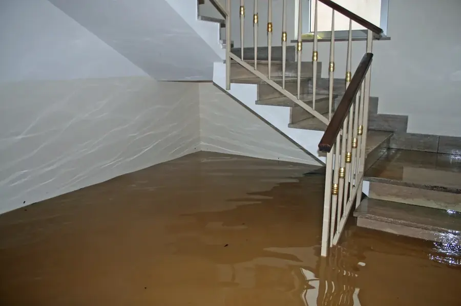Standing water on the stairs and floor of a flooded Williamstown, NJ home
